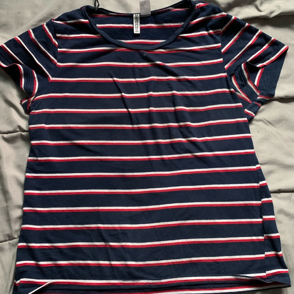 navy blue shirt with red and white stripes